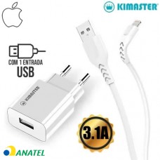 Kit Carregador Universal de Tomada 1 USB 3.1A + Cabo Lightning Kimaster - KT602X Branco
